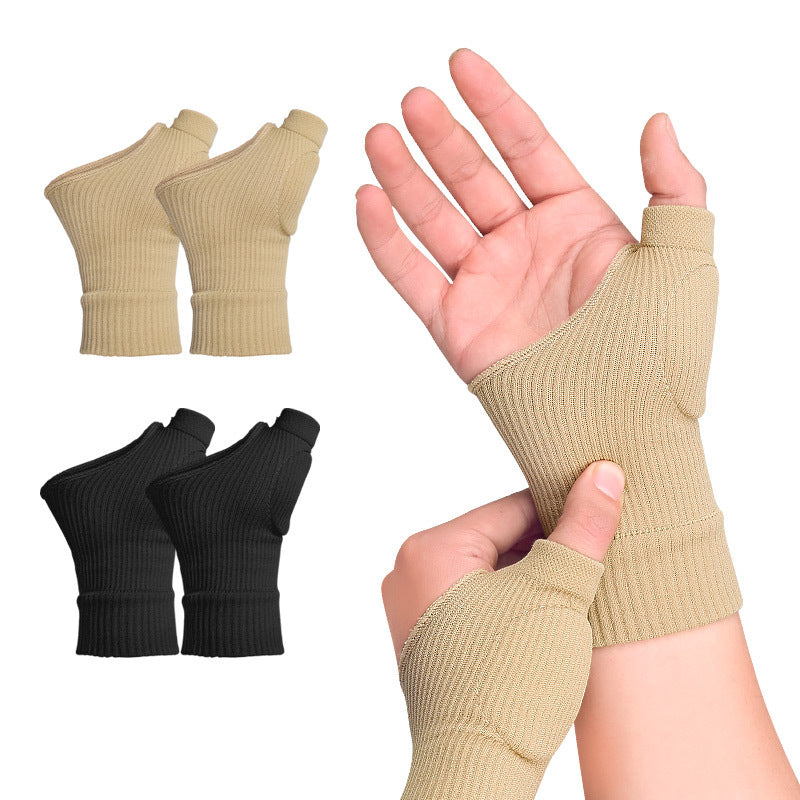 The thumb sleeve shown in beige and in black, and worn on a hand with the fingers and thumb left free
