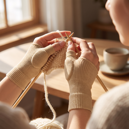A knitter mid-stitch wearing the beige knit thumb sleeves on both hands, all four fingers and both thumbs free to work the yarn and needles