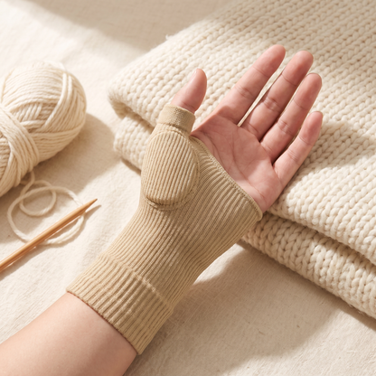 Palm-up view of the sleeve showing the soft cushioned pad built in over the base of the thumb, and the ribbed cuff at the wrist